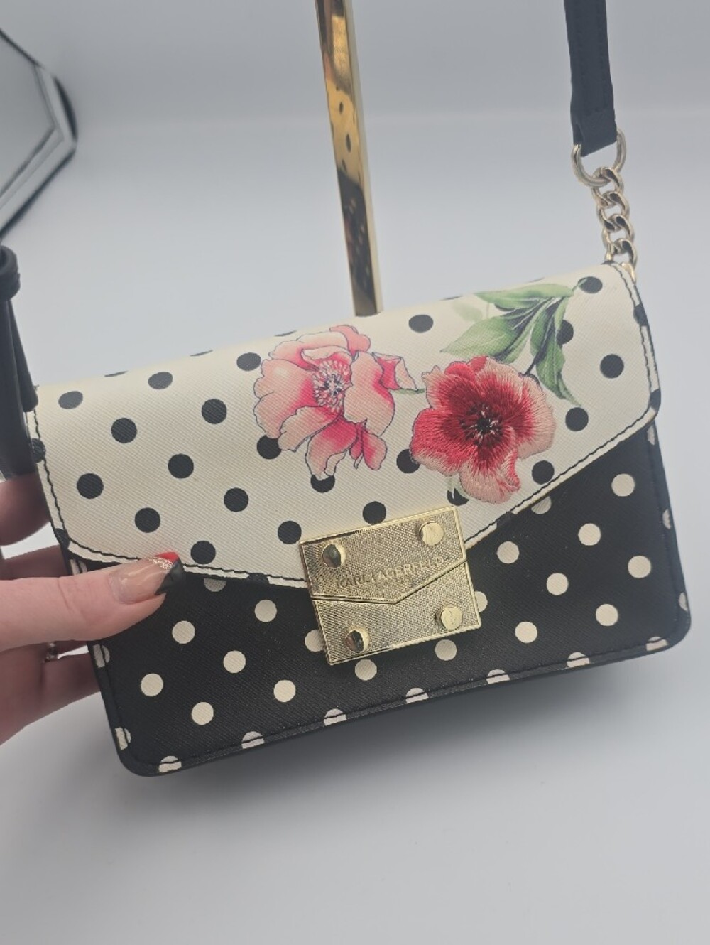 Karl Lagerfeld Corinne Black/White Polka Dot Floral Small Crossbody (EUC)(HTF)🌸 - Picture 3 of 14